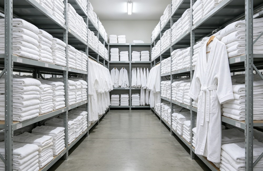 Neat rows of folded white cotton bathrobes stacked on tidy shelves in a bright organized linen storeroom, wholesale spa robes inventory ready for large bulk hotel and spa supply orders from China