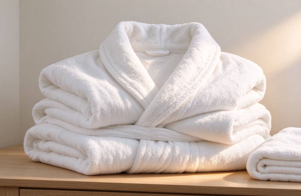 Natural stack of soft plush white folded cotton bathrobes on a wooden table with collar opened showing thick terry fleece, fluffy wholesale hotel spa bathrobes ready for bulk linen orders from China