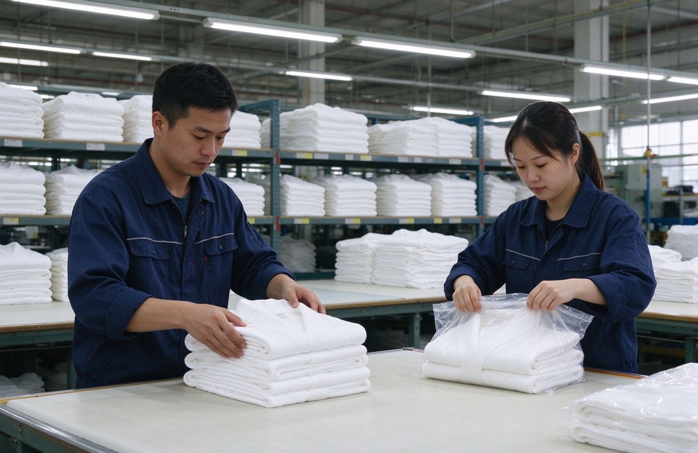 Asian workers in dark blue work uniforms folding and packing white cotton bathrobes into clear bags in a bright textile workshop, wholesale hotel spa bathrobe packing and supply Asian workers in dark blue work uniforms folding and packing white cotton bathrobes into clear bags in a bright textile workshop, wholesale hotel spa bathrobe packing and supply