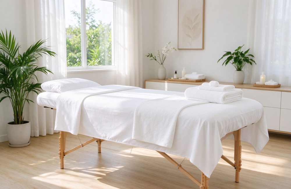 Bright spa massage table dressed with a crisp white fitted sheet in a sunlit treatment room, wholesale spa massage table bedding ready for daily use by salon and clinic clients