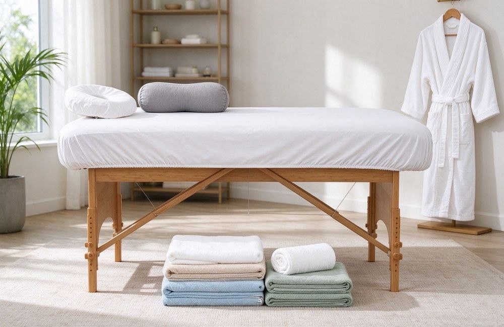 Complete spa linen collection with folded towels, robes and fitted sheets in assorted colors, bulk spa massage table bedding sets for wholesale buyers stocking salons, clinics and hotel spas worldwide