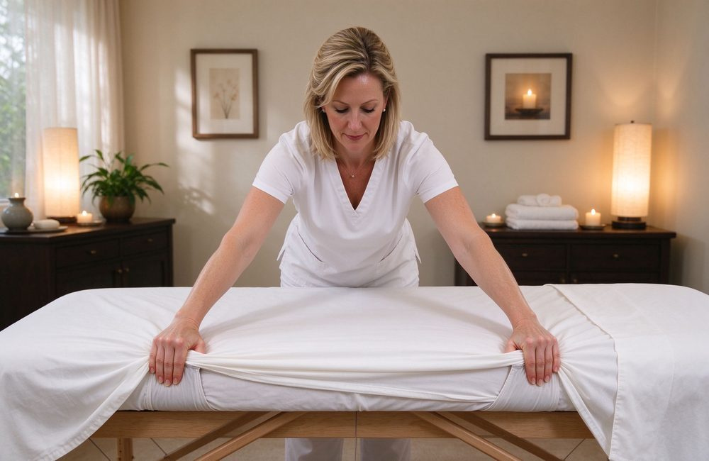 Therapist stretching a deep pocket fitted sheet over a massage table pad, spa massage table bedding with 7 inch pocket staying tight for every client session in daily commercial use