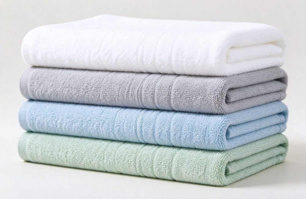 Neatly stacked folded spa towels in multiple colors ready for treatment rooms, bulk spa towels for salons, clinics and hotel spas supplied in 300 to 600 GSM tiers for wholesale orders
