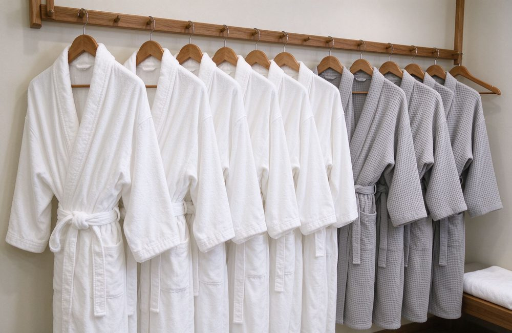 Cotton spa robes hanging in a bright salon ready for clients, wholesale spa robes with belt in terry and waffle fabric sized S to XXL for bulk orders from our China factory