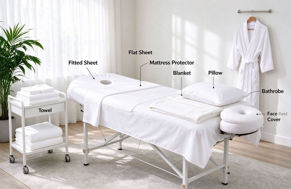 Real treatment room massage table with fitted sheet, flat sheet, mattress protector, blanket, pillow, bathrobe, face rest cover and towel, each labelled with lines for wholesale spa massage table bedding buyers