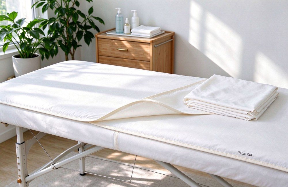Thin white table pad laid on a massage table before the fitted sheet goes on, protective mattress pad for spa massage table bedding sets keeping the foam clean between clients at salons and clinics Thin white table pad laid on a massage table before the fitted sheet goes on, protective mattress pad for spa massage table bedding sets keeping the foam clean between clients at salons and clinics