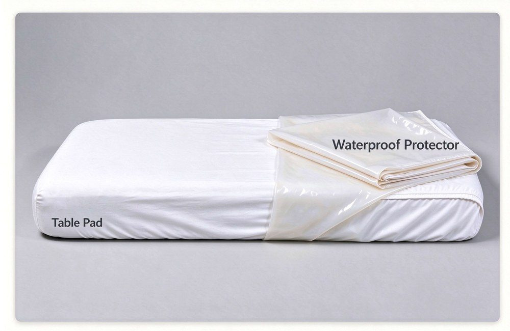White table pad and waterproof protector displayed together, mattress pad with clear waterproof layer for spa massage table bedding wholesale sets, oil massage protection at salons and clinics, durable commercial spa linen for treatment rooms