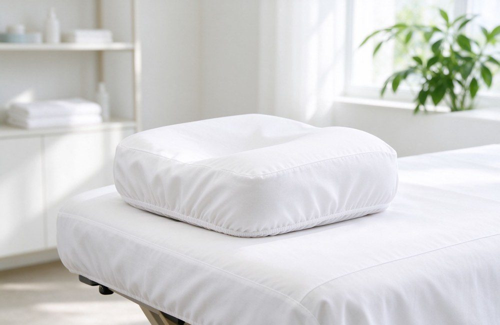 Clean white face cradle cover fitted on massage table face rest, hygiene critical spa massage table bedding changed for every client in daily salon, clinic and hotel spa rooms worldwide use
