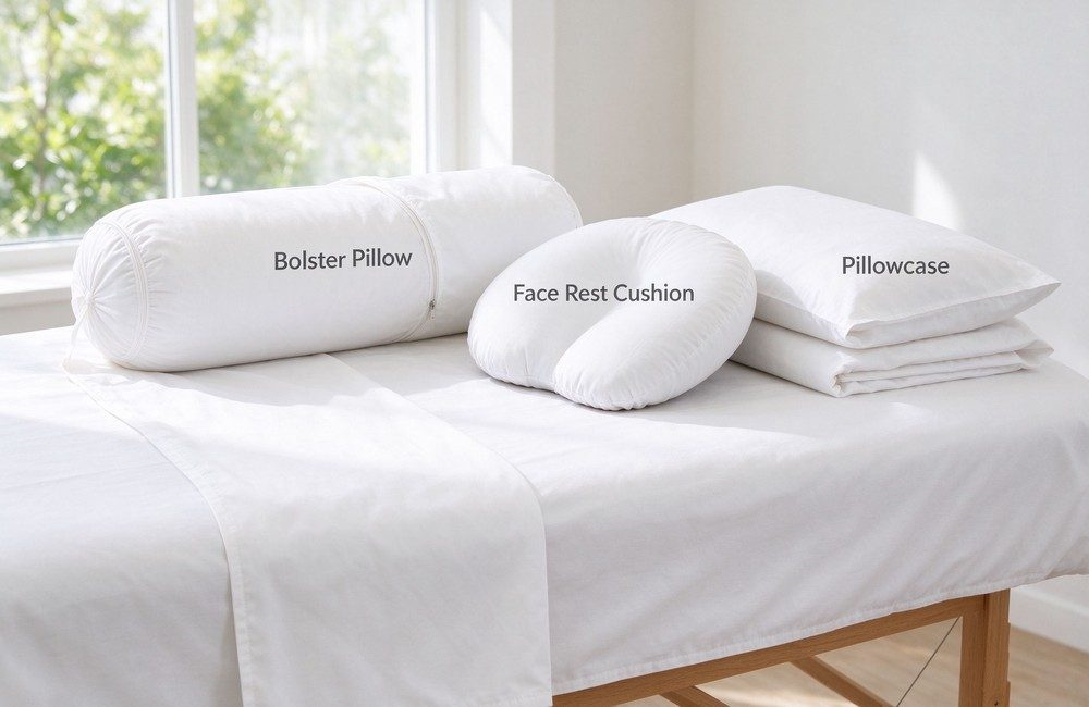 White bolster pillow with washable cover, face rest cushion and folded pillowcases laid on a spa massage table for face-up services, hotel spa massage table bedding wholesale with removable cotton covers for salons and clinics White bolster pillow with washable cover, face rest cushion and folded pillowcases laid on a spa massage table for face-up services, hotel spa massage table bedding wholesale with removable cotton covers for salons and clinics