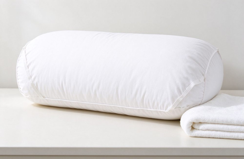 White bolster pillow with removable cotton cover for massage support, wholesale spa massage table bedding accessories for prenatal and physiotherapy treatment rooms supporting knees, ankles and lower back during sessions