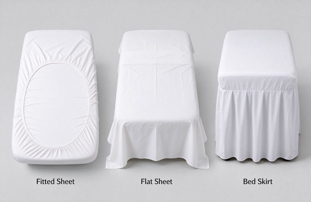 Side-by-side comparison of fitted sheet with elastic pocket, flat sheet and bed skirt on a white massage table, showing how each spa massage table bedding layer works for wholesale linen buyers choosing their full set