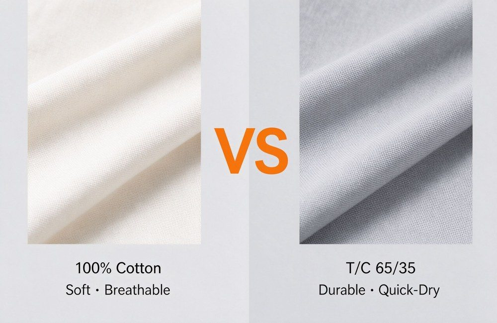 Side-by-side fabric comparison of 100 percent cotton and poly-cotton 65/35 blend for spa massage table bedding, showing soft breathable cotton against durable quick-dry T/C fabric for wholesale linen buyers choosing sheets and towels