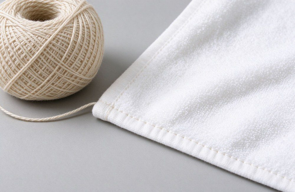 Close-up of ring-spun cotton yarn ball beside a white terry towel hem with double stitching, showing edge quality and durable hem finish on spa massage table bedding for wholesale linen buyers