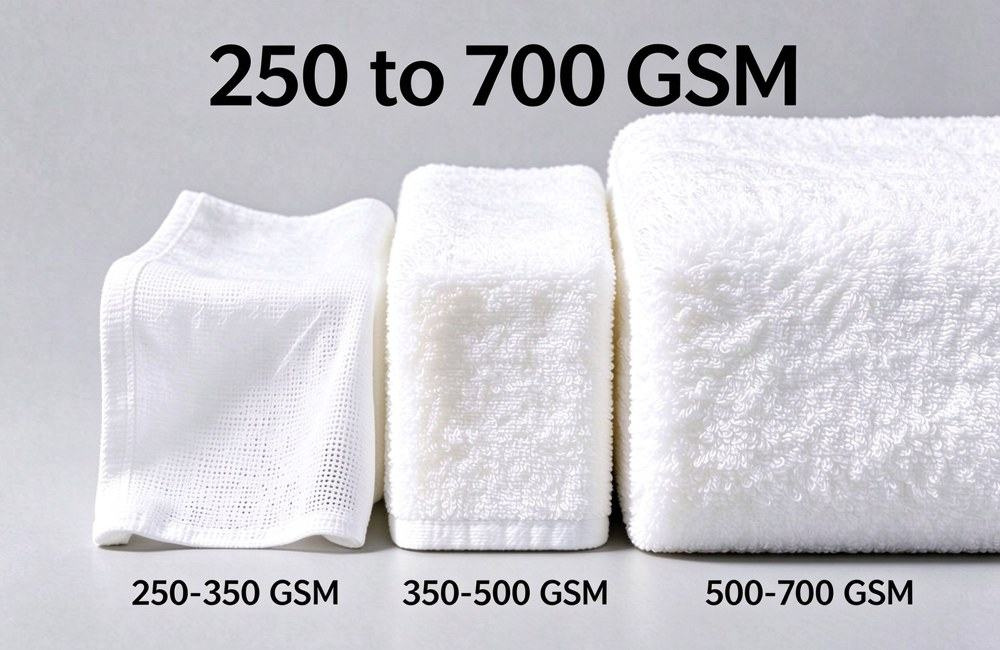 Three white towels from light to thick on light gray background labeled 250-350 GSM 350-500 GSM 500-700 GSM, hotel towel GSM thickness comparison