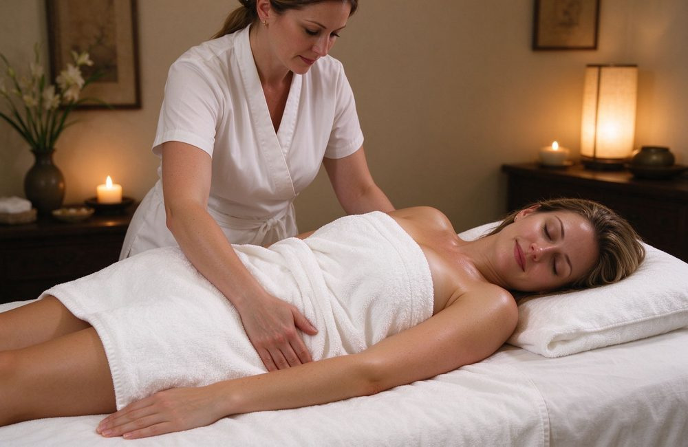 Therapist wrapping client in a thick cotton spa towel after treatment, bulk spa towels with 500 to 1200 GSM absorbency for body wrap services at a bright treatment studio with massage table nearby