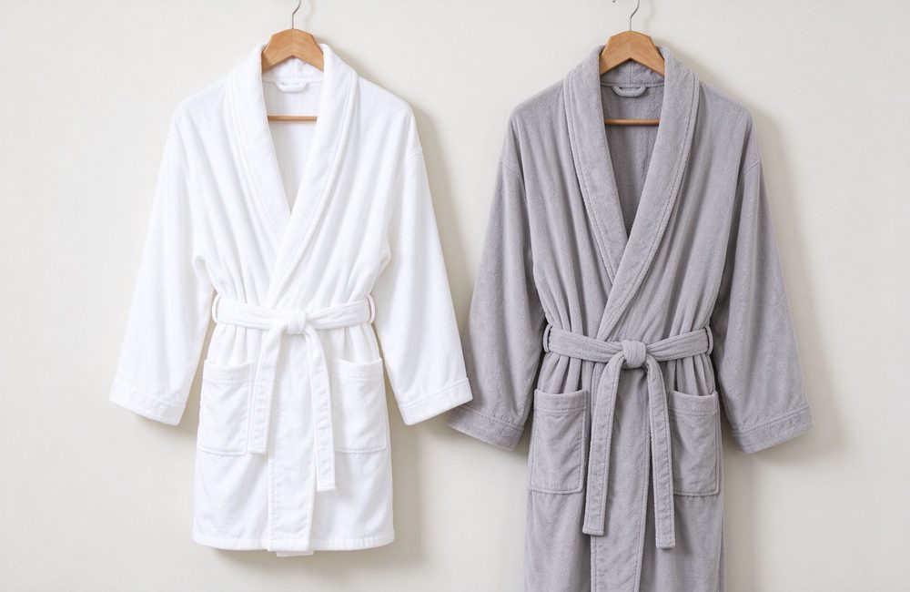 Short and long spa robes in terry and waffle fabric with belt, bulk spa robe wholesale stock in multiple colors for salons, clinics and hotel spas sized S to XXL