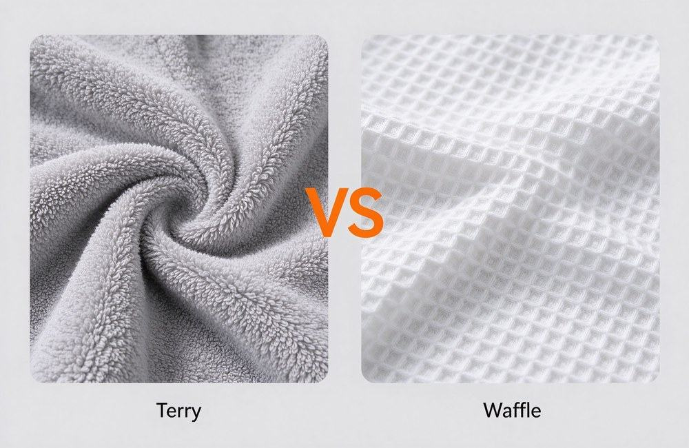 Side-by-side comparison of terry and waffle robe fabrics for spa massage table bedding, showing plush cotton loop texture against light quick-dry waffle weave for wholesale bathrobe orders and hotel spa linen buyers choosing robe materials