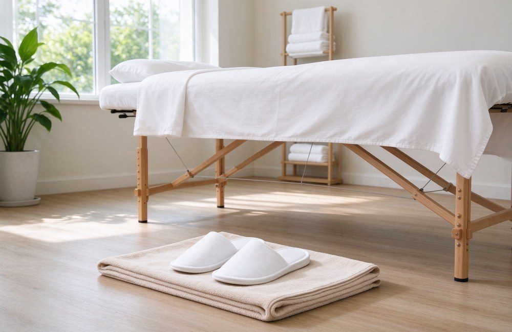 Folded bath mat and a pair of slippers laid on a soft gray surface with towels, pillows and a U-shaped neck pillow, complete spa massage table bedding wholesale set for salons and hotel spas