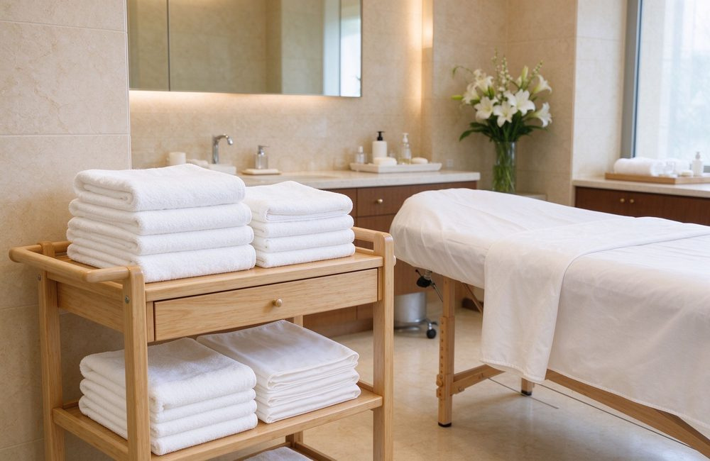 Hotel spa housekeeping cart stocked with towels, sheets and robes for treatment rooms, bulk spa linens for hotel spa linen supplier programs worldwide keeping every room ready for daily client flow