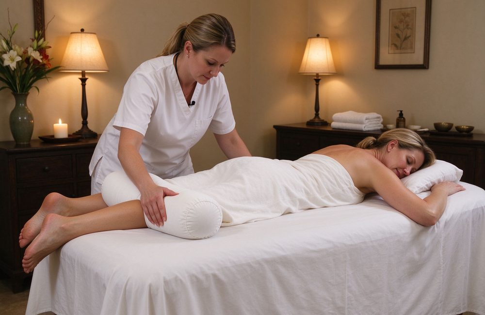 Client receiving massage with bolster pillow supporting lower back, spa massage table bedding in daily use at a professional treatment studio with white fitted sheet and face cradle cover visible