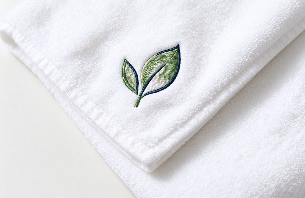 Close up of custom logo embroidery on a spa towel corner sample, custom logo spa towels with stitched brand mark approved on pre production sample for hotel spa and clinic branding