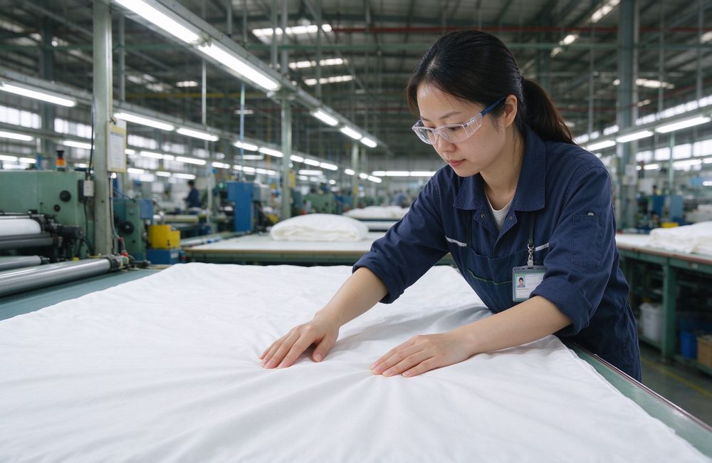 Asian quality control worker checking fabric texture by hand in a bright sewing workshop, spa massage table bedding inspected for GSM, seams and elastic before packing for wholesale export orders