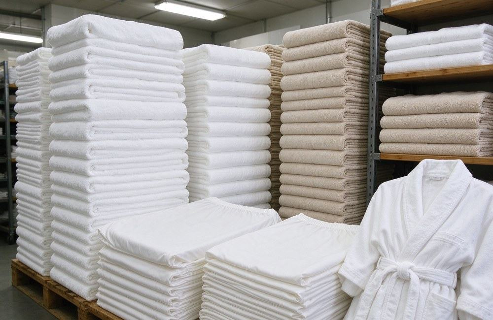 Neatly stacked white towels, folded fitted sheets and a robe in a clean spa linen storage room, showing bulk stock levels for spa massage table bedding wholesale buyers planning inventory