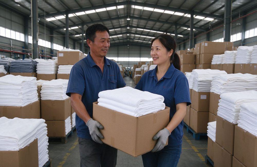 Asian warehouse workers stacking packed linen cartons with clear marks, bulk spa massage table bedding export stock organized by item size and color for shipping to salons, clinics and hotel groups