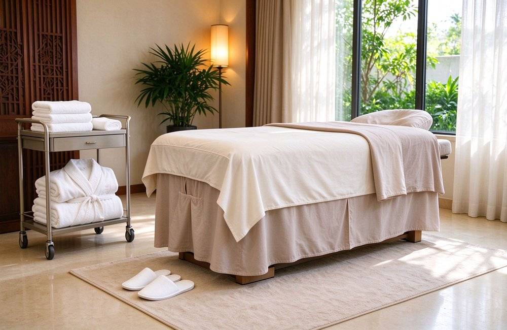 Off white and beige spa massage table bedding in bright hotel spa room with wood furniture and linen cart, complete table linen wholesale set for hotel spa buyers stocking treatment rooms with coordinated cotton sheets towels and robes
