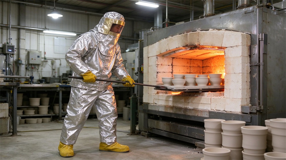 Front view of heavy duty protective imported fabric aluminized suit, Ceramic kiln worker wearing imported aluminized fabric heat suit loading kiln, lightweight, demonstrating professional application use in industrial safety environment, designed for wholesale bulk supply and industrial safety procurement.