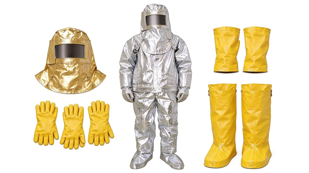 45 degree angle of heavy duty protective imported fabric aluminized suit, Two workers in imported aluminized heat suits walking through a bright smelting, demonstrating professional application use in industrial safety environment, designed for wholesale bulk supply and industrial safety procurement.