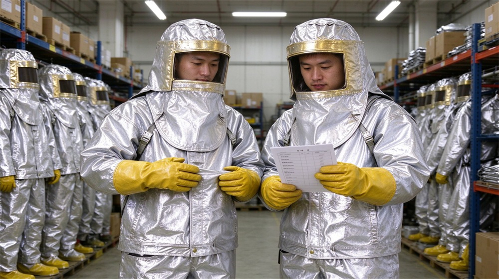 Aerial perspective of heavy duty protective imported fabric aluminized suit, Lightweight imported aluminized coverall front side back three views on white background,, demonstrating professional product use in industrial safety environment, designed for wholesale bulk supply and industrial safety procurement.