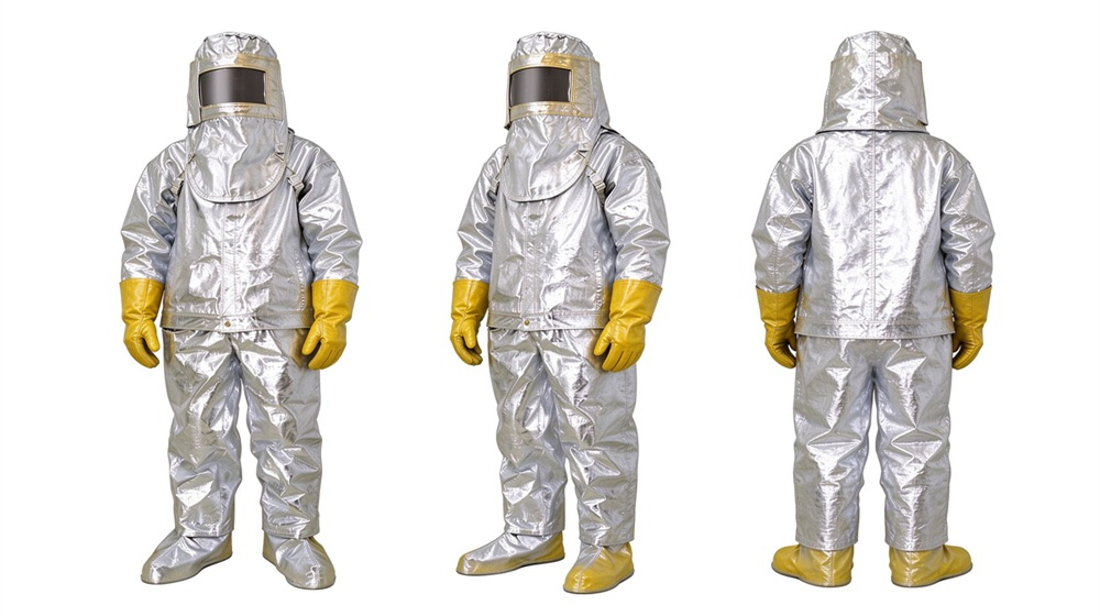 Side angle of heavy duty protective imported fabric aluminized suit, Full set of imported fabric aluminized heat suit with hood aluminized gloves, demonstrating professional product use in industrial safety environment, designed for wholesale bulk supply and industrial safety procurement.