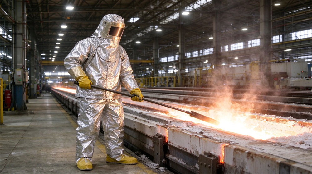 Close up detail of heavy duty protective imported fabric aluminized suit, Side by side comparison of imported Costmir aluminized fabric versus domestic fabric, demonstrating professional comparison use in industrial safety environment, designed for wholesale bulk supply and industrial safety procurement.