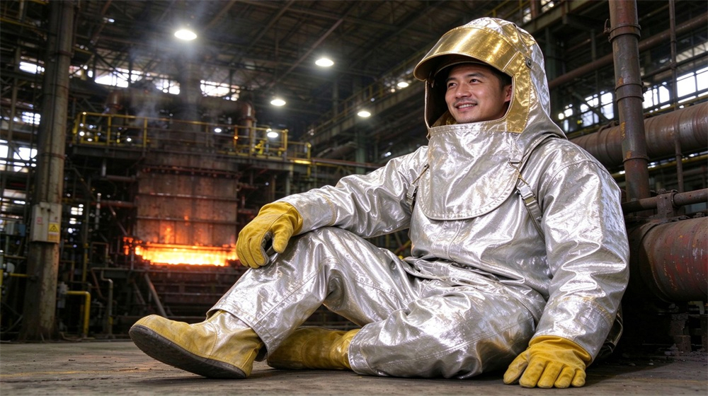 Wide shot of heavy duty protective imported fabric aluminized suit, Ceramic kiln worker wearing imported aluminized fabric heat suit loading kiln, lightweight, demonstrating professional application use in industrial safety environment, designed for wholesale bulk supply and industrial safety procurement.