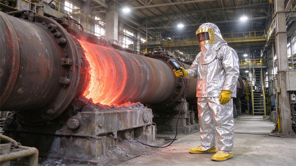 Macro detail of heavy duty protective imported fabric aluminized suit, Two Asian warehouse workers presenting silver imported aluminized heat protective coveralls in, demonstrating professional application use in industrial safety environment, designed for wholesale bulk supply and industrial safety procurement.