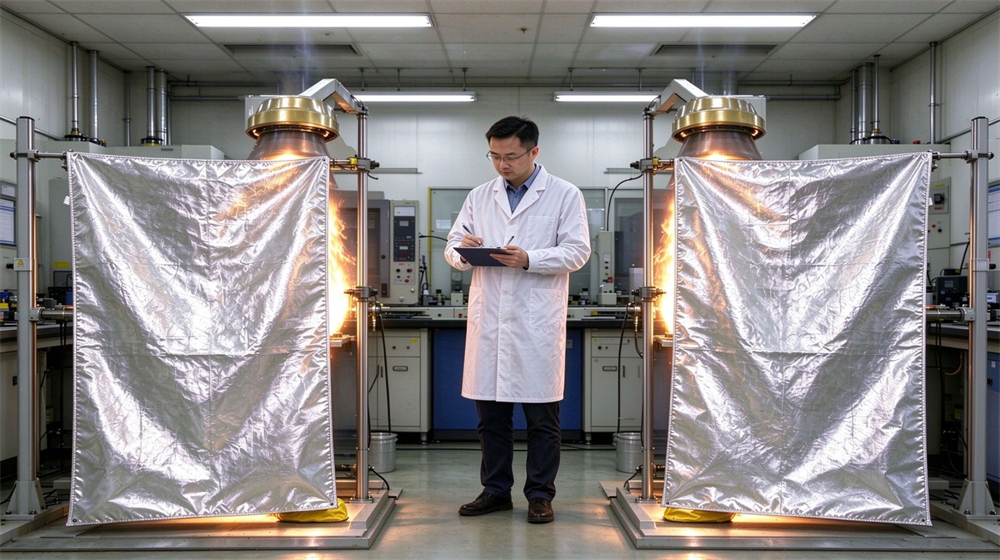 Front view of heavy duty protective imported fabric aluminized suit, Full set of imported fabric aluminized heat suit with hood aluminized gloves, demonstrating professional product use in industrial safety environment, designed for wholesale bulk supply and industrial safety procurement.