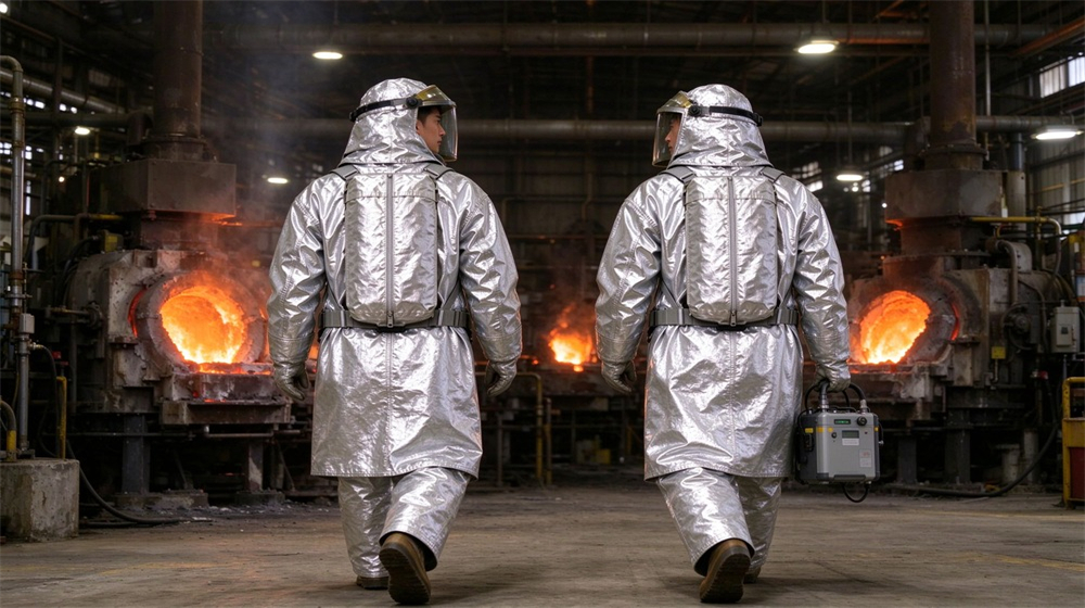 Side angle of heavy duty protective imported fabric aluminized suit, Aluminized fabric layers structure diagram for heat suit showing reflective coating insulation, demonstrating professional info use in industrial safety environment, designed for wholesale bulk supply and industrial safety procurement.