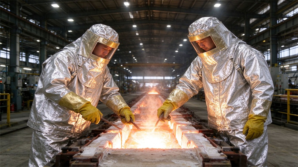 Aerial perspective of heavy duty protective imported fabric aluminized suit, Imported aluminized heat suit fabric sample comparison on lab table, Costmir aluminized, demonstrating professional info use in industrial safety environment, designed for wholesale bulk supply and industrial safety procurement.