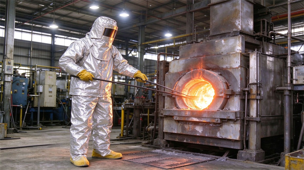 Close up detail of heavy duty protective imported fabric aluminized suit, Aluminum smelter worker in imported heat suit near hot cell radiant exposure, demonstrating professional application use in industrial safety environment, designed for wholesale bulk supply and industrial safety procurement.