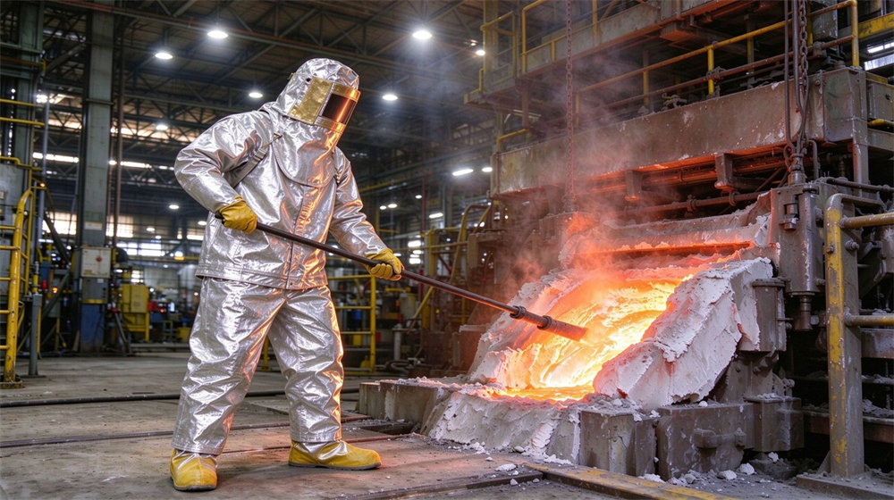 45 degree angle of heavy duty protective imported fabric aluminized suit, Laboratory reflectivity test of imported Costmir aluminized fabric for heat suit performance, demonstrating professional comparison use in industrial safety environment, designed for wholesale bulk supply and industrial safety procurement.