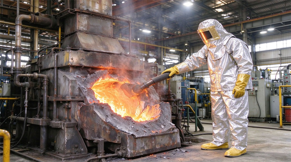 Overhead view of heavy duty protective imported fabric aluminized suit, Back detail of imported aluminized heat suit with hood and closure on, demonstrating professional product use in industrial safety environment, designed for wholesale bulk supply and industrial safety procurement.