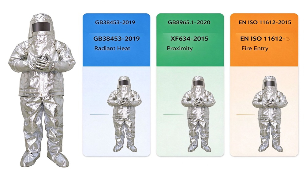 Wide shot of heavy duty protective imported fabric aluminized suit, Heat suit fabric lab test reflectivity instrument measuring imported aluminized fabric performance, demonstrating professional info use in industrial safety environment, designed for wholesale bulk supply and industrial safety procurement.