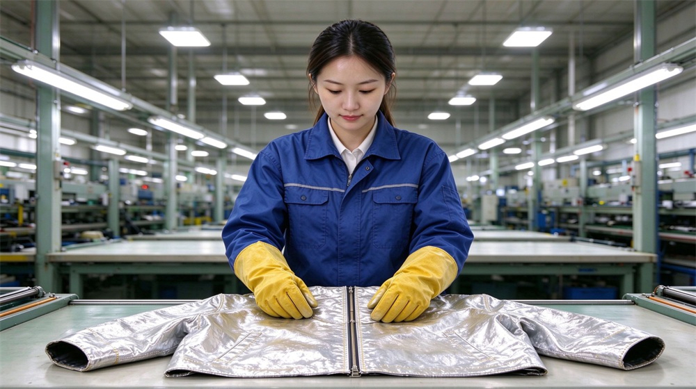 Macro detail of heavy duty protective imported fabric aluminized suit, Worker resting in lightweight imported aluminized suit after long shift near kiln,, demonstrating professional application use in industrial safety environment, designed for wholesale bulk supply and industrial safety procurement.
