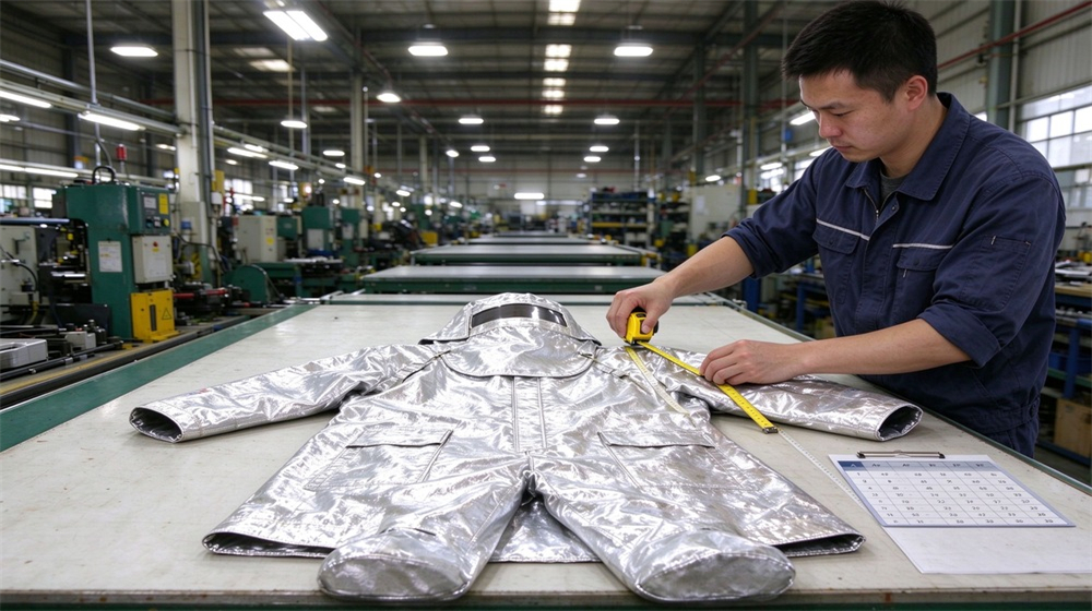Side angle of heavy duty protective imported fabric aluminized suit, Size measurement of imported aluminized heat suit with tape measure in workshop,, demonstrating professional product use in industrial safety environment, designed for wholesale bulk supply and industrial safety procurement.