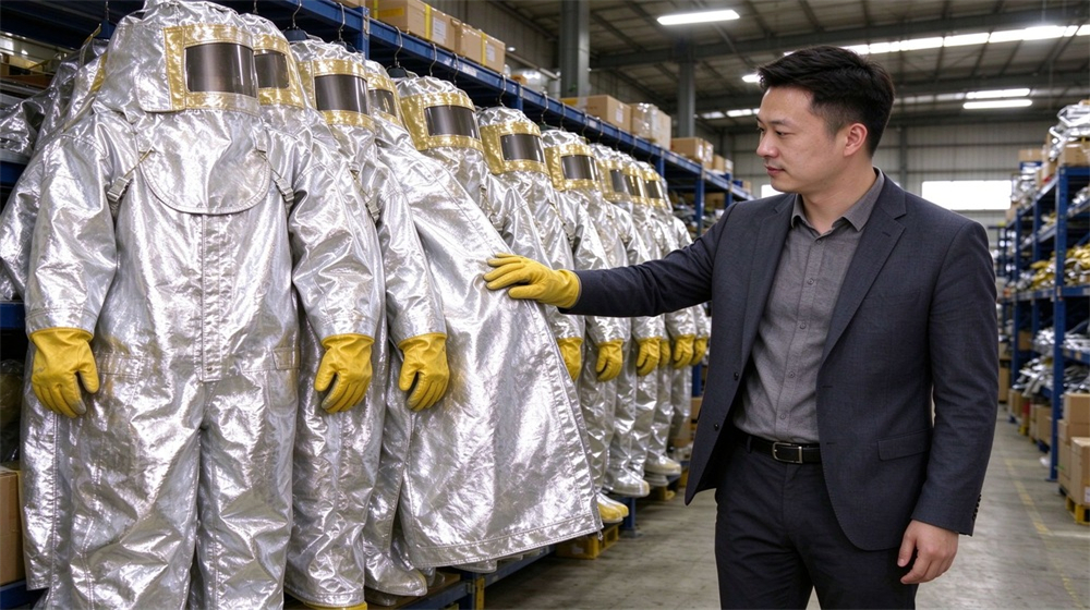 Aerial perspective of heavy duty protective imported fabric aluminized suit, Quality inspector checking seams and zipper of imported aluminized heat suit in, demonstrating professional application use in industrial safety environment, designed for wholesale bulk supply and industrial safety procurement.