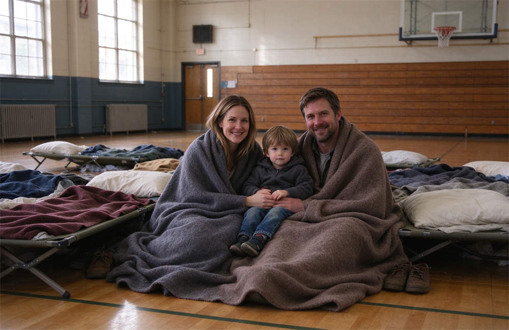 Family of three in community emergency shelter covered with thick wool blankets, cots with bedding, disaster relief shelter supplies and cold weather emergency blankets