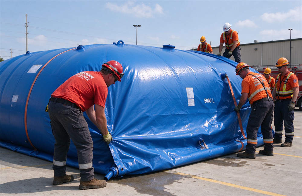 Large 5000 liter foldable water bladder tank deployed in parking lot by relief workers, portable emergency water storage for high wind disaster response and relief operations