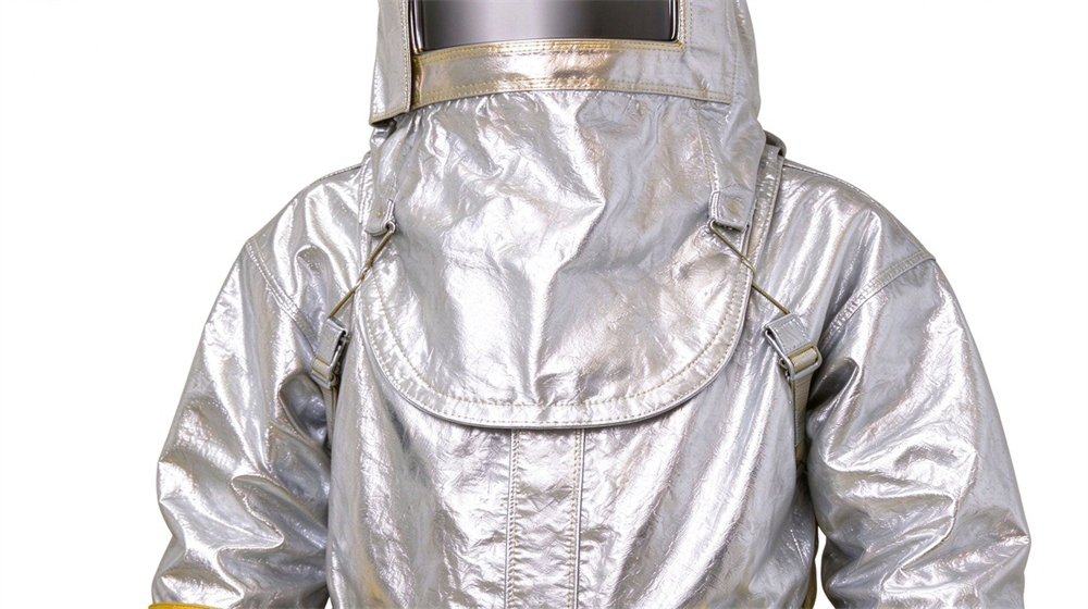 Close up detail of heavy duty protective imported fabric aluminized suit, Two Asian workers inspecting the front closure of imported aluminized heat coveralls, demonstrating professional application use in industrial safety environment, designed for wholesale bulk supply and industrial safety procurement.