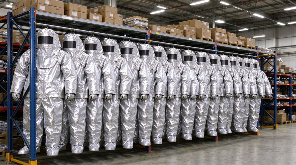 45 degree angle of heavy duty protective imported fabric aluminized suit, Plant team of imported aluminized heat suits lined up in workshop for, demonstrating professional application use in industrial safety environment, designed for wholesale bulk supply and industrial safety procurement.